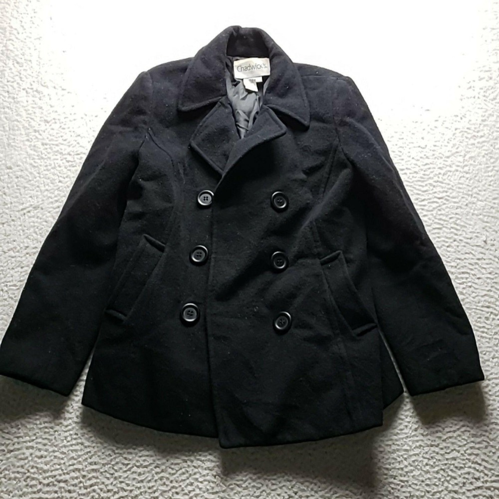 Chadwicks Coat Womens 12 Black Wool Pea Button Front Lined Mid Length Pockets